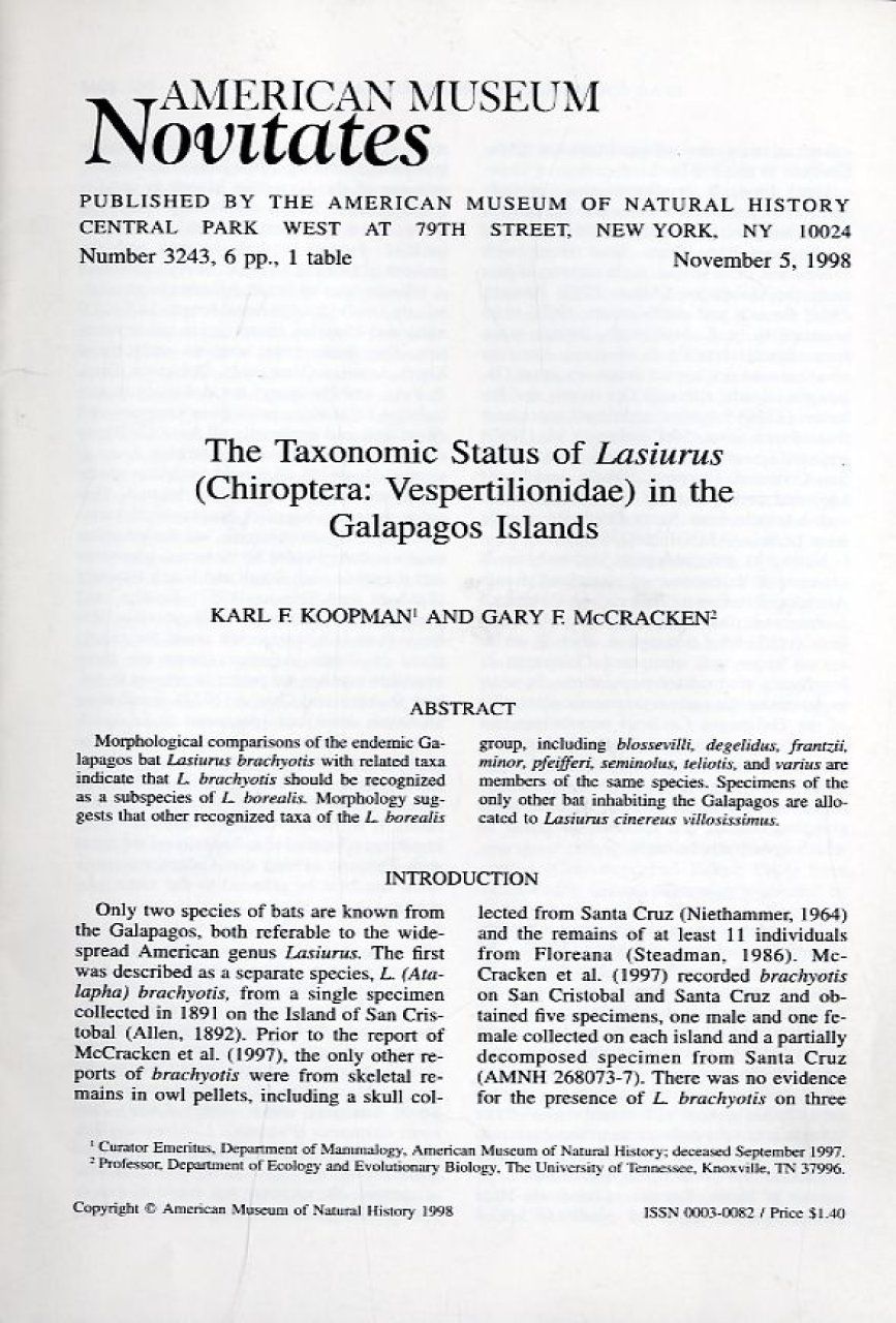 The Taxonomic Status of Lasiurus (Chiroptera, Vespertilionidae) in the Galapagos Islands