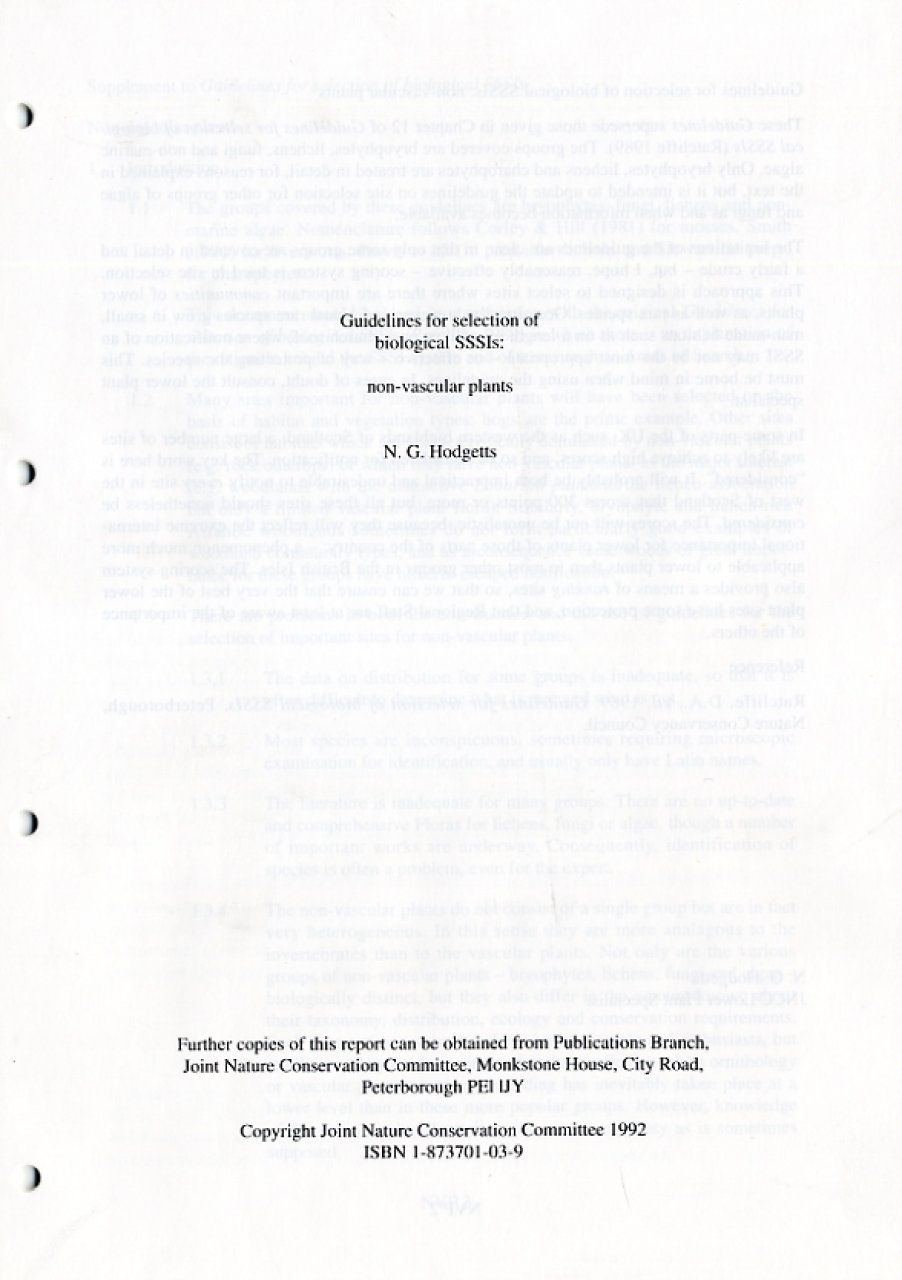 Guidelines for Selection of Biological SSSIs: Non-Vascular Plants (Looseleaf Edition)
