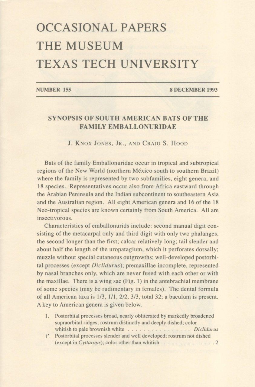 Synopsis of South American Bats of the Family Emballonuridae
