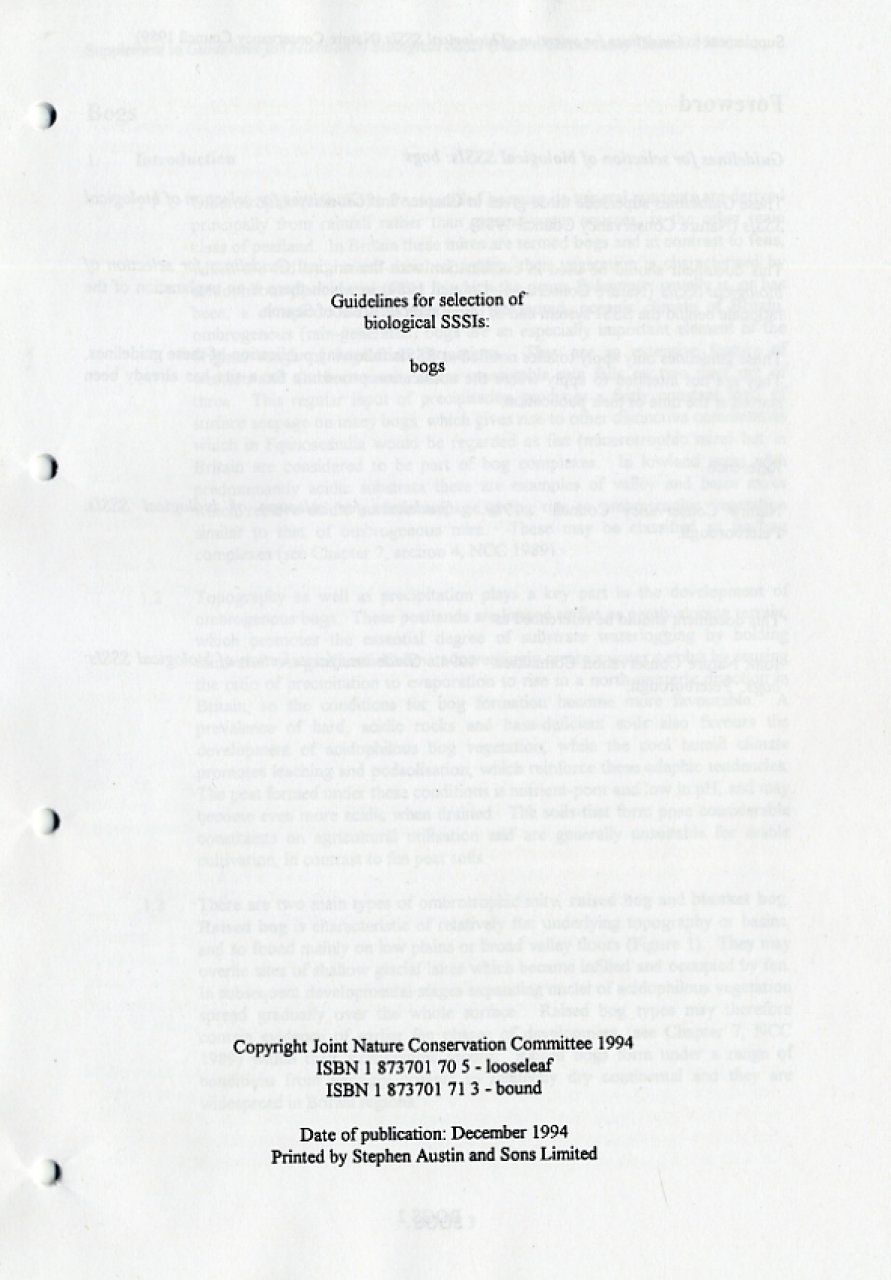 Guidelines for Selection of Biological SSSIs: Bogs (Looseleaf)